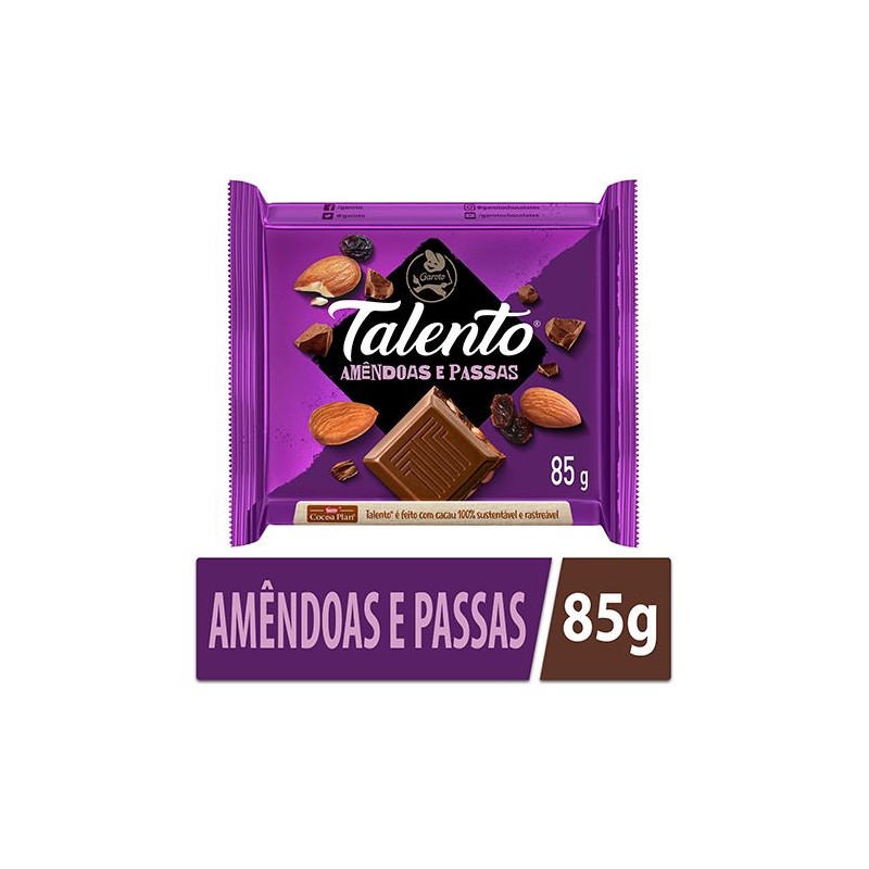 Barra de Chocolate ao Leite com Amêndoas e Passas Talento 85g